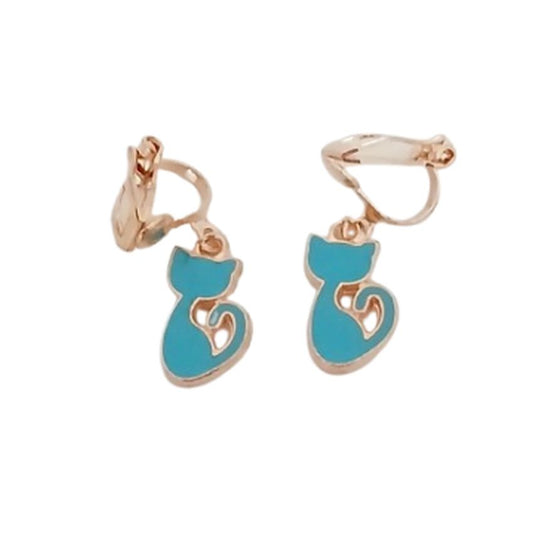 Blue Cat Clip On Earrings