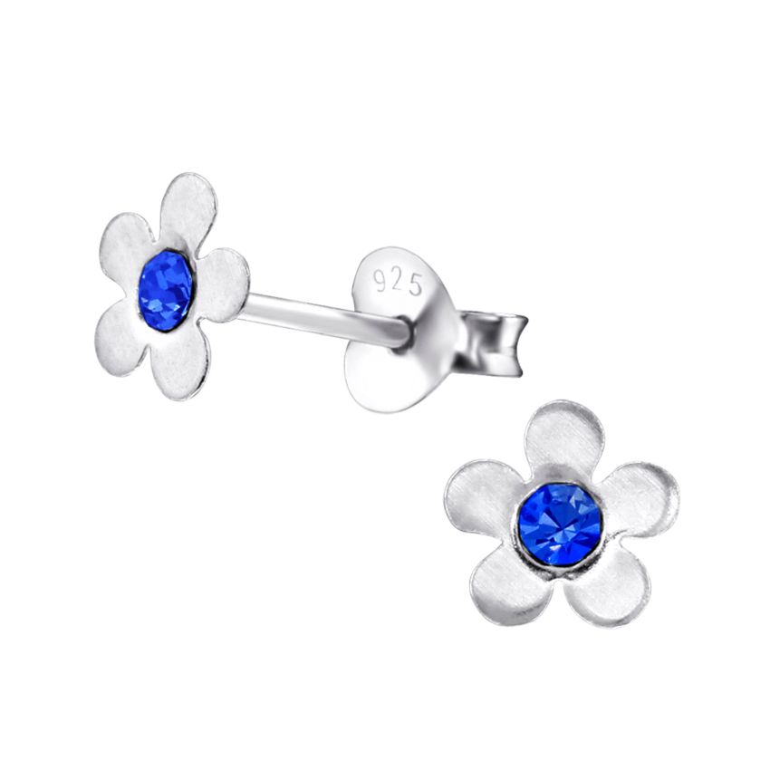 Blue Centre Small Sterling Silver Flower Earrings
