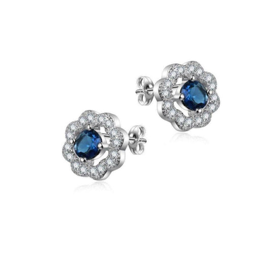Blue Cubic Zirconia Centre Flower Design Earrings