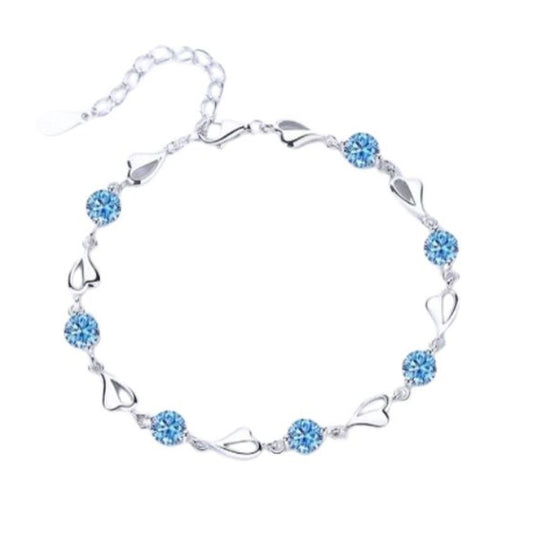 Blue Cubic Zirconia Stone Silver Heart Links Bracelet