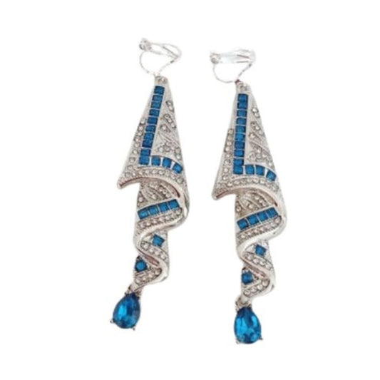 Blue Drape Diamante Clip On Earrings