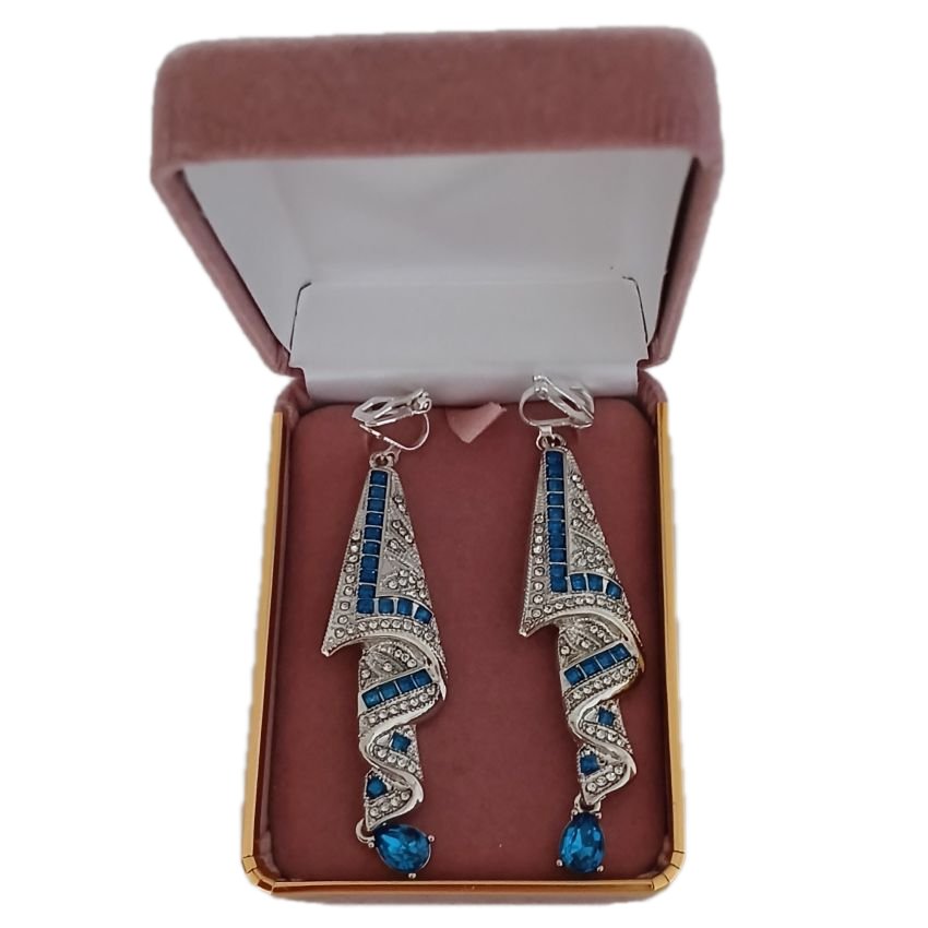 Blue Drape Diamante Clip On Earrings(2)
