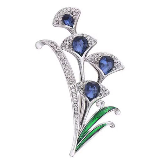 Blue Flower With Crystal Stem Brooch