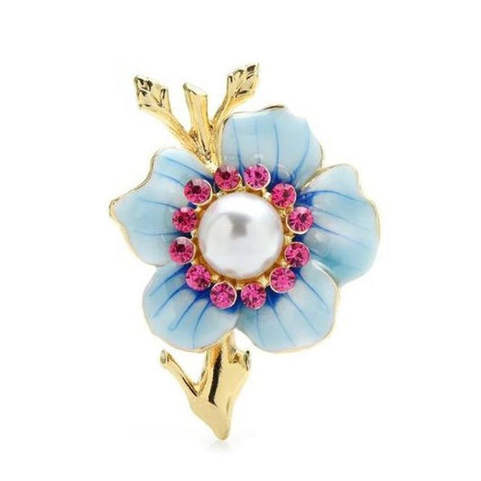 Blue Flower With Pearl Bead Brooch
