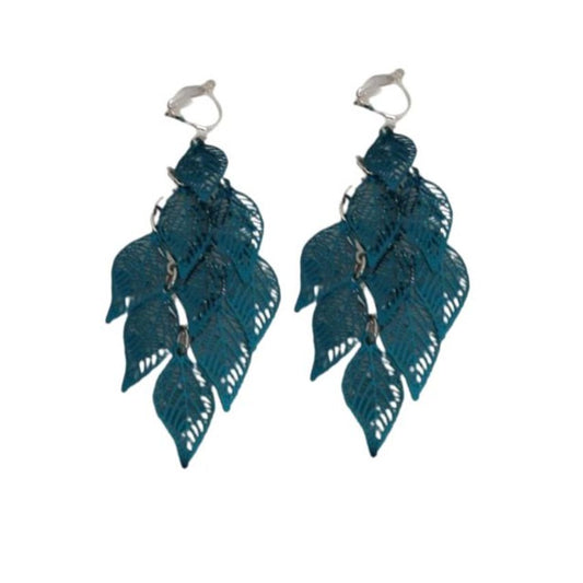 Blue Leaf Design Drop Clip On Earrings