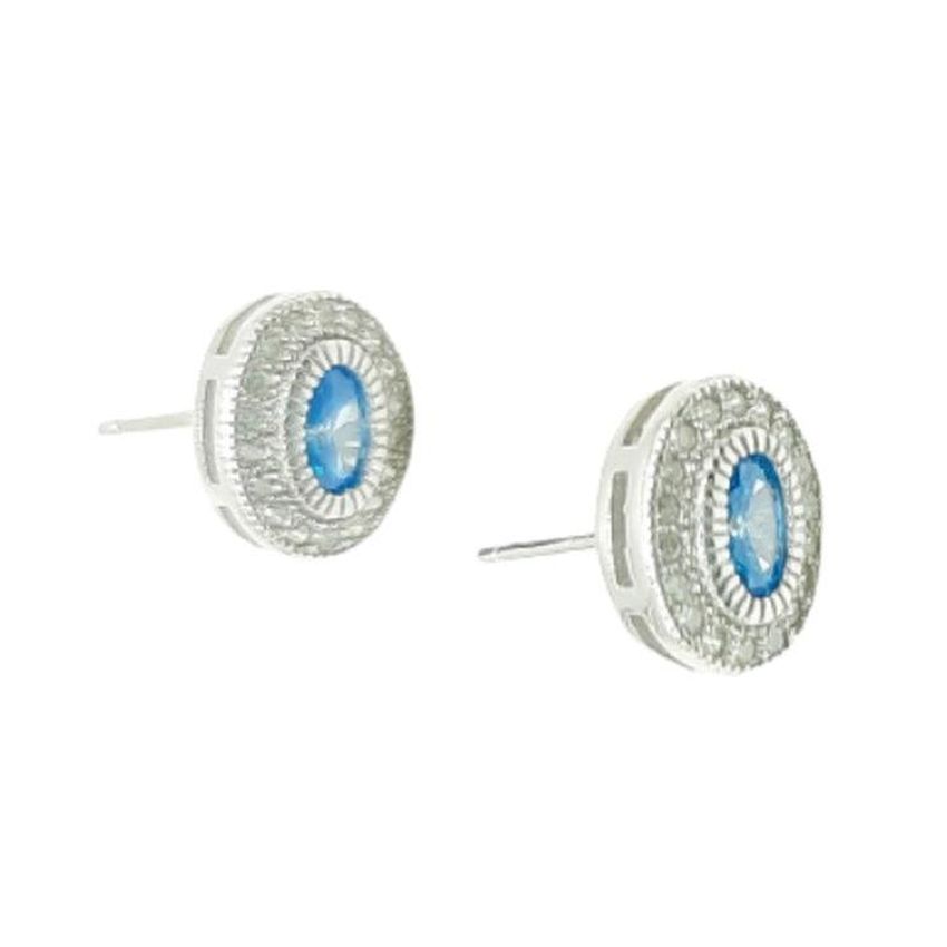 Blue Topaz Cubic Zirconia Edged Small Oval Stud Earrings