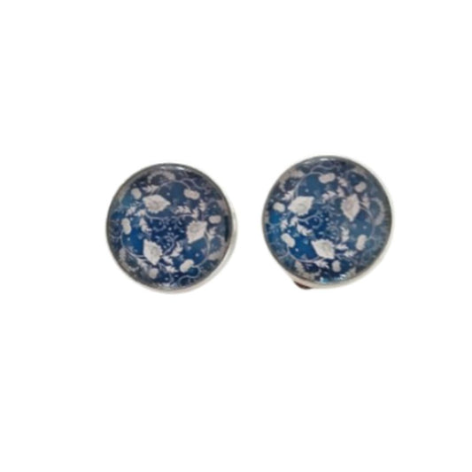 Blue And White Flower Cabochon Clip On Earrings