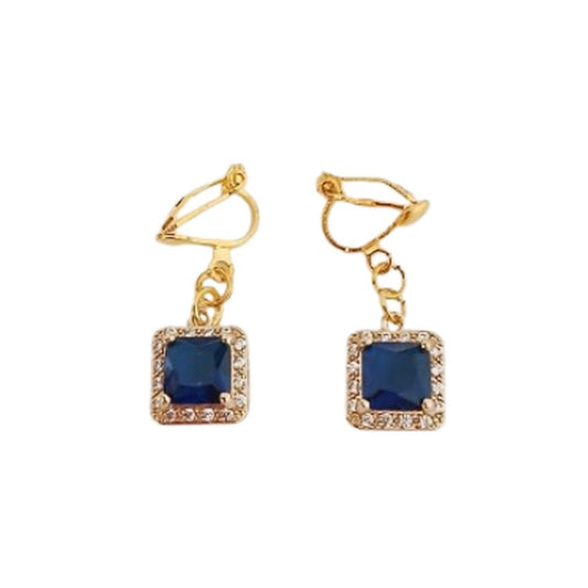 Blue Square Diamante Clip On Earrings
