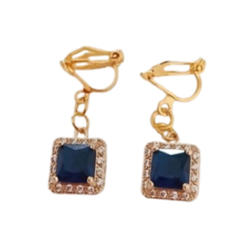 Blue Square Diamante Clip On Earrings