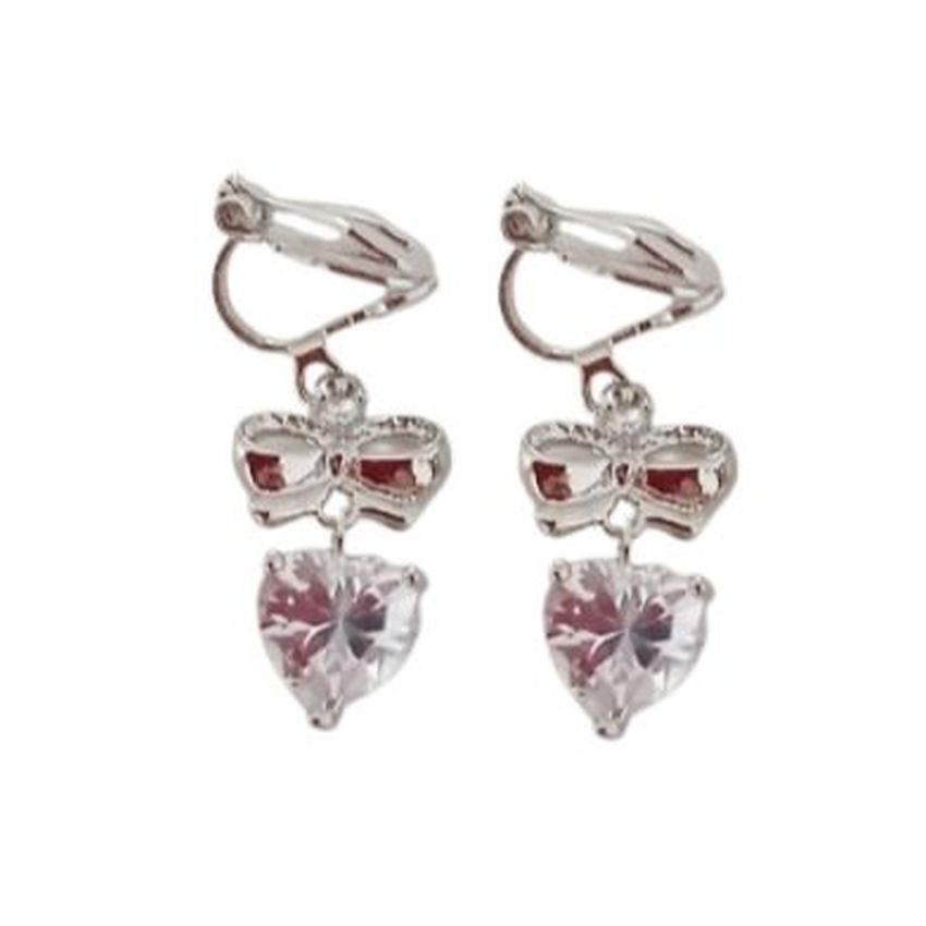 Bow And Heart Cubic Zirconia Drop Clip On Earrings