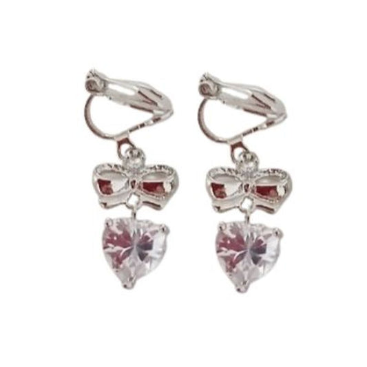 Bow And Heart Cubic Zirconia Drop Clip On Earrings