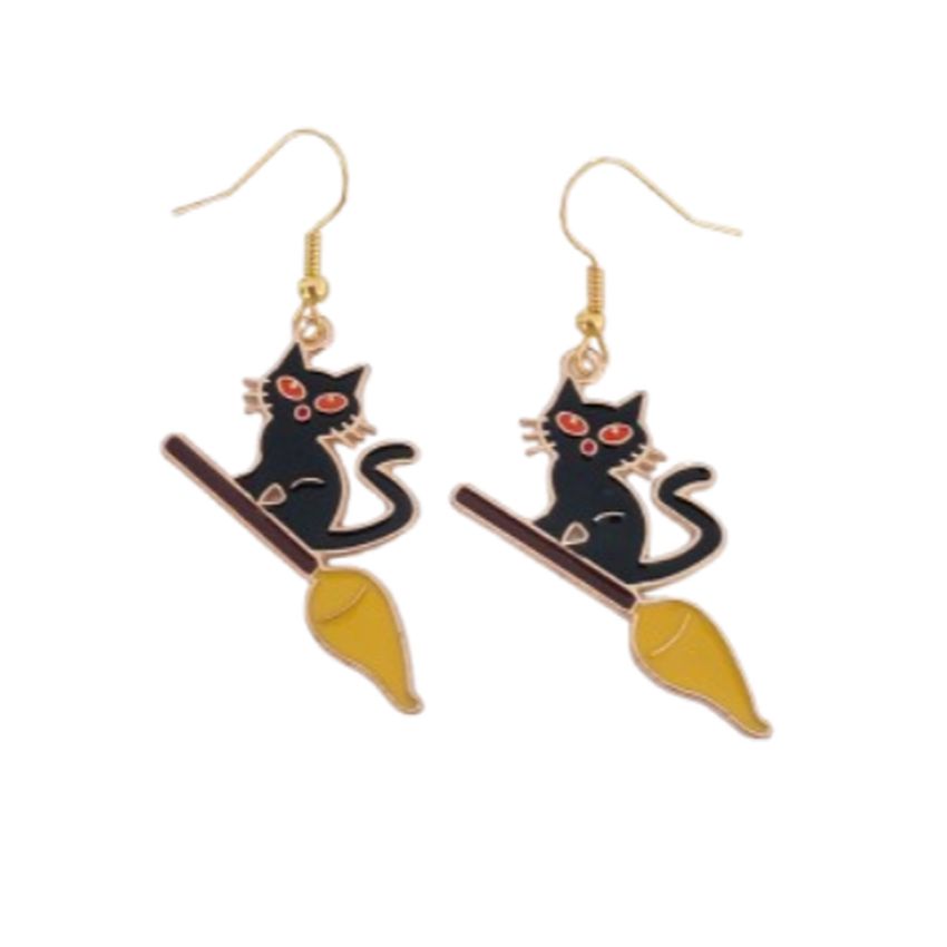 Cat And Broom Halloween Fashion Earrings