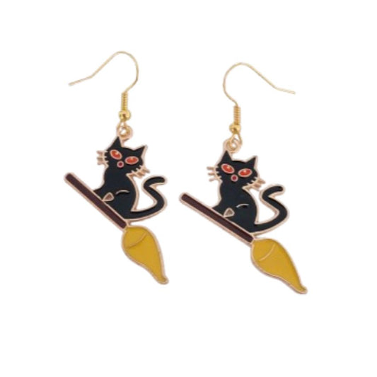 Cat And Broom Halloween Fashion Earrings