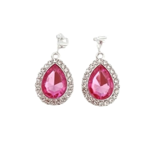Cerise Pink Diamante Drop Clip On Earrings
