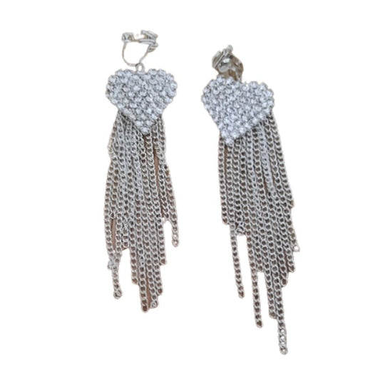 Chain Drop Heart Diamante Clip On Earrings