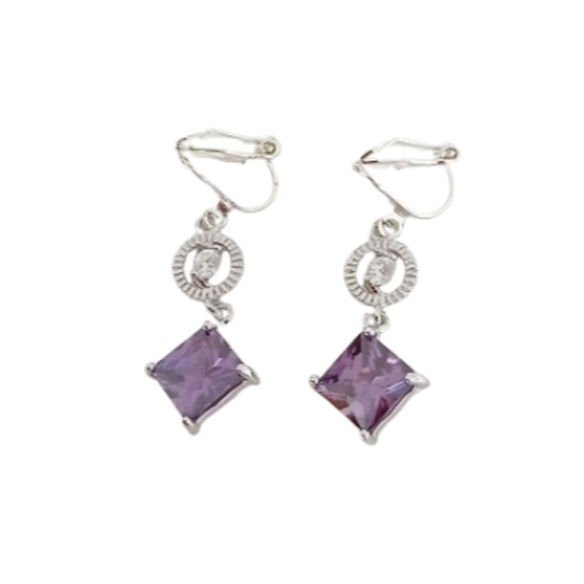 Circle And Diamond Purple Clip On Diamante Earrings