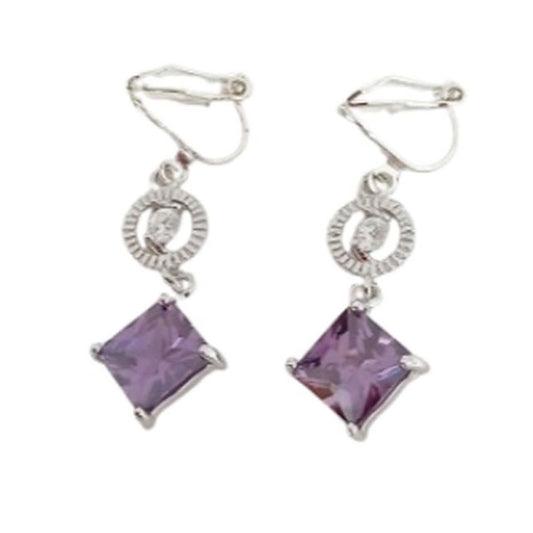 Circle And Diamond Purple Clip On Diamante Earrings