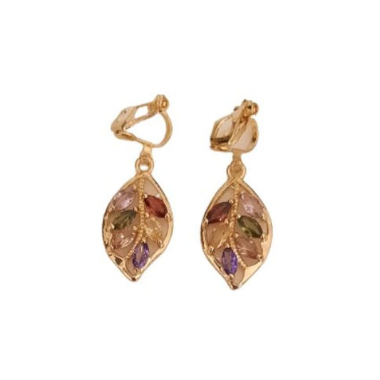 Crystal Multi Colour Leaf Clip On Earrings