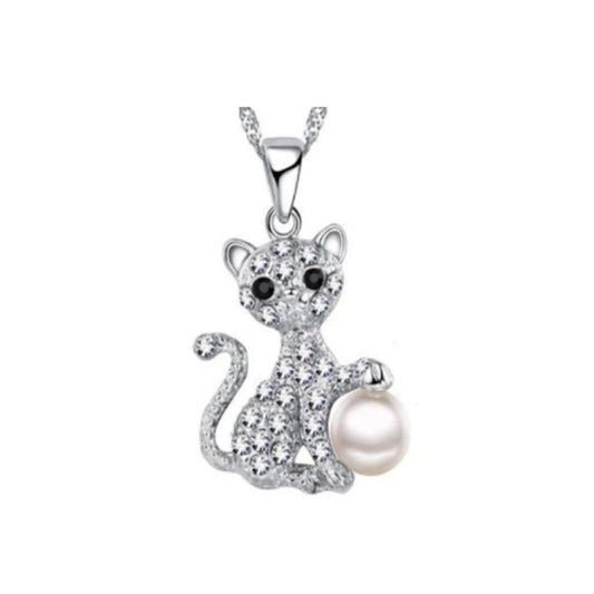 Crystal Playful Cat Pendant With a Pearl Ball