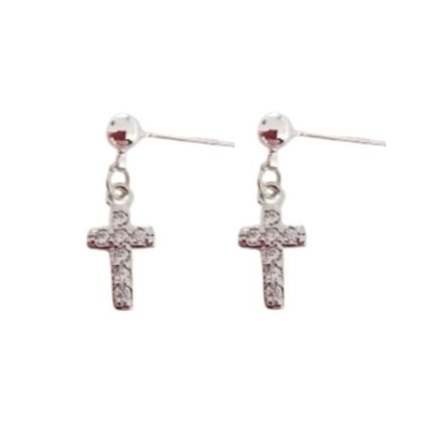 Crystal Sterling Silver Drop Cross Earrings
