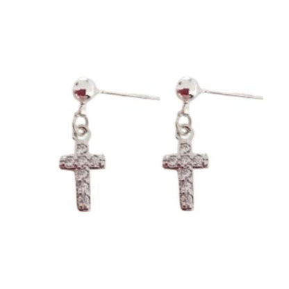 Crystal Sterling Silver Drop Cross Earrings