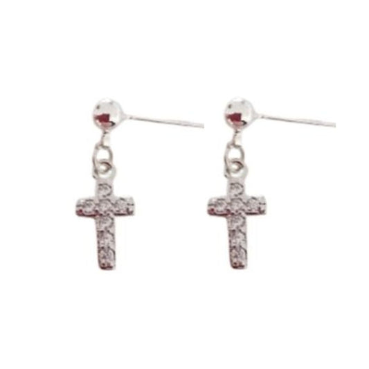 Crystal Sterling Silver Drop Cross Earrings
