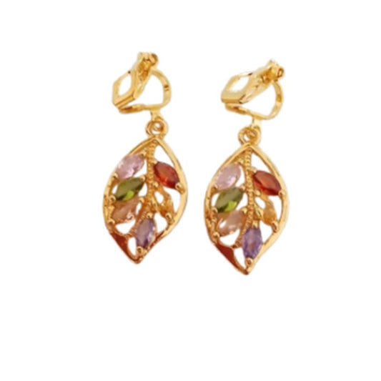 Crystal Multi Colour Leaf Clip On Earrings