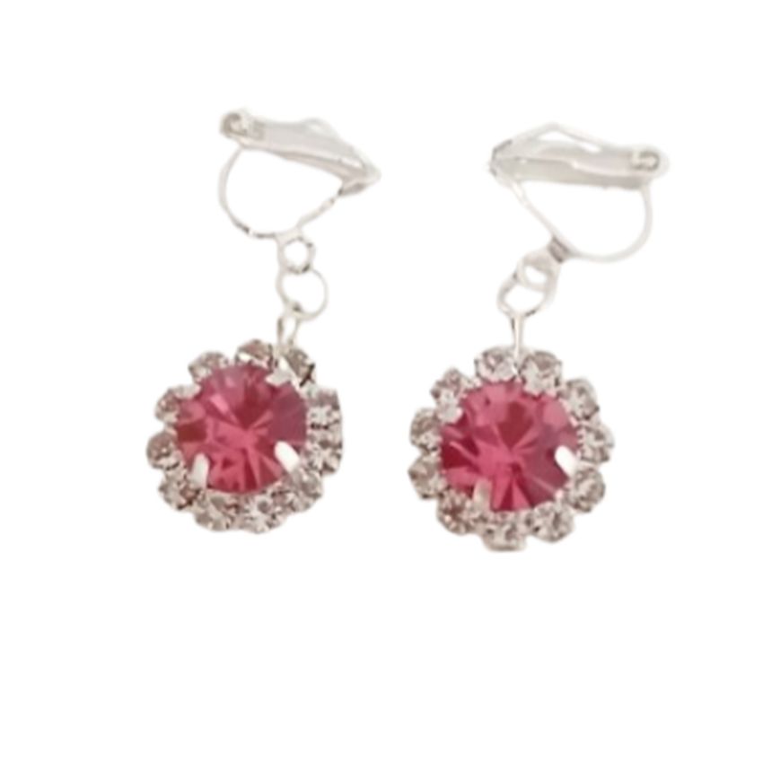 Crystal Pink Flower Drop Clip On Earrings