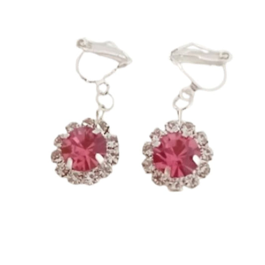 Crystal Pink Flower Drop Clip On Earrings