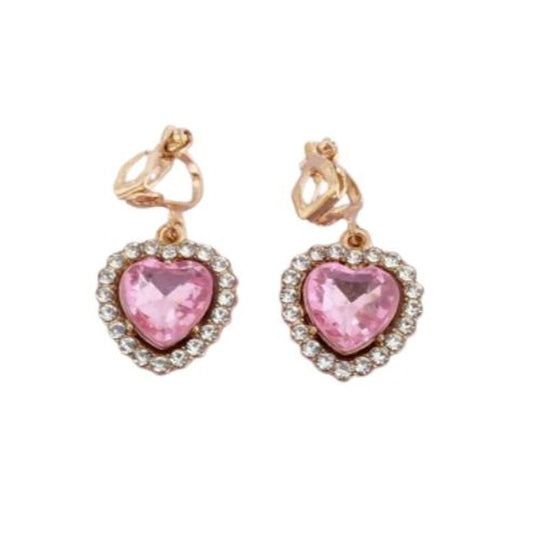 Crystal Pink Heart Drop Clip On Earrings