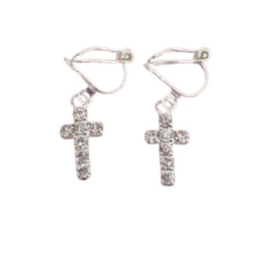 Crystal Square Cross Clip On Earrings
