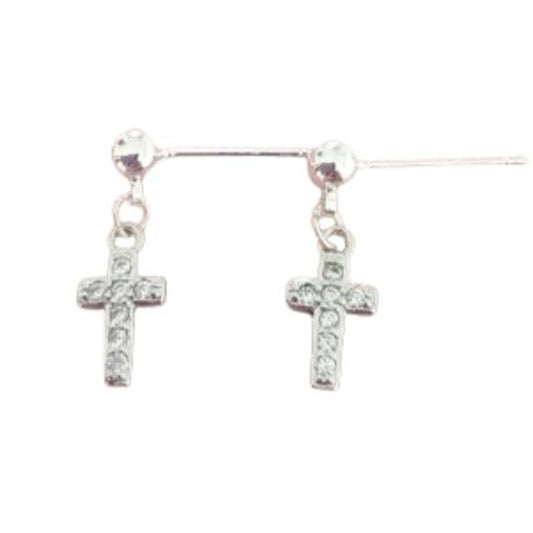 Crystal Sterling Silver Drop Cross Earrings