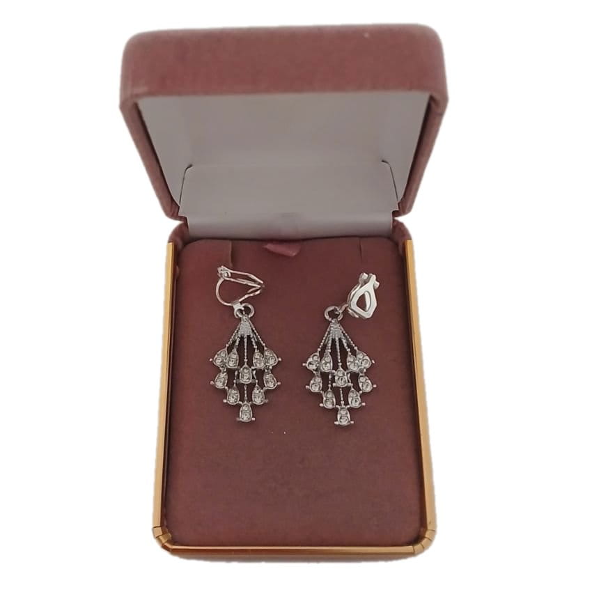 Crystal Stone Drop Silver Clip On Earrings(2)
