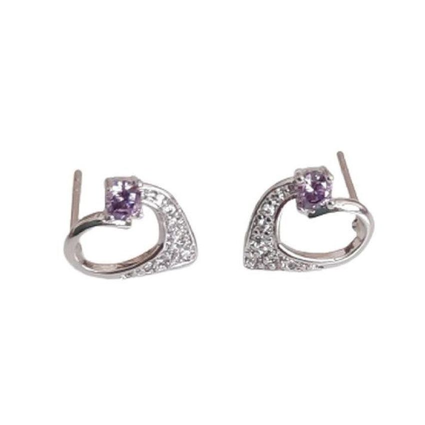 Cubic Zirconia Heart Amethyst Stone Silver Earrings