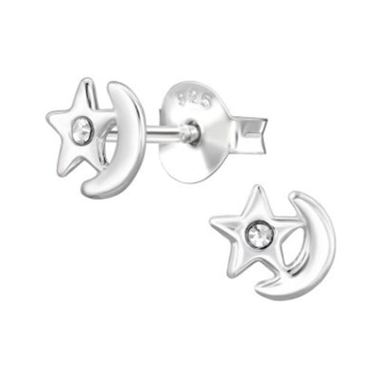 Cubic Zirconia Silver Half Moon And Star Earrings
