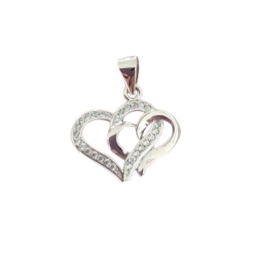 Cubic Zirconia Set Double Heart Entwined Sterling Silver Pendant