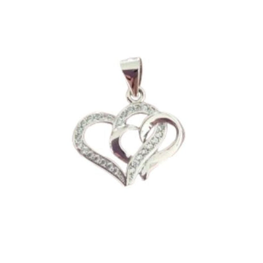 Cubic Zirconia Set Double Heart Entwined Sterling Silver Pendant