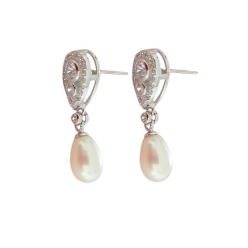 Cubic Zirconia Stemmed Earrings With a Freshwater Pearl Drop