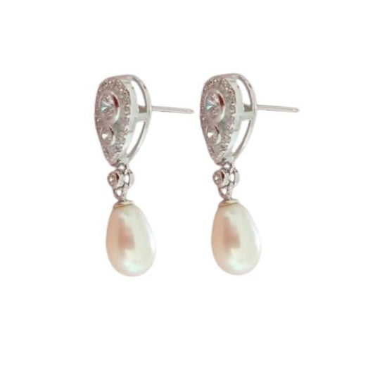 Cubic Zirconia Stemmed Earrings With a Freshwater Pearl Drop