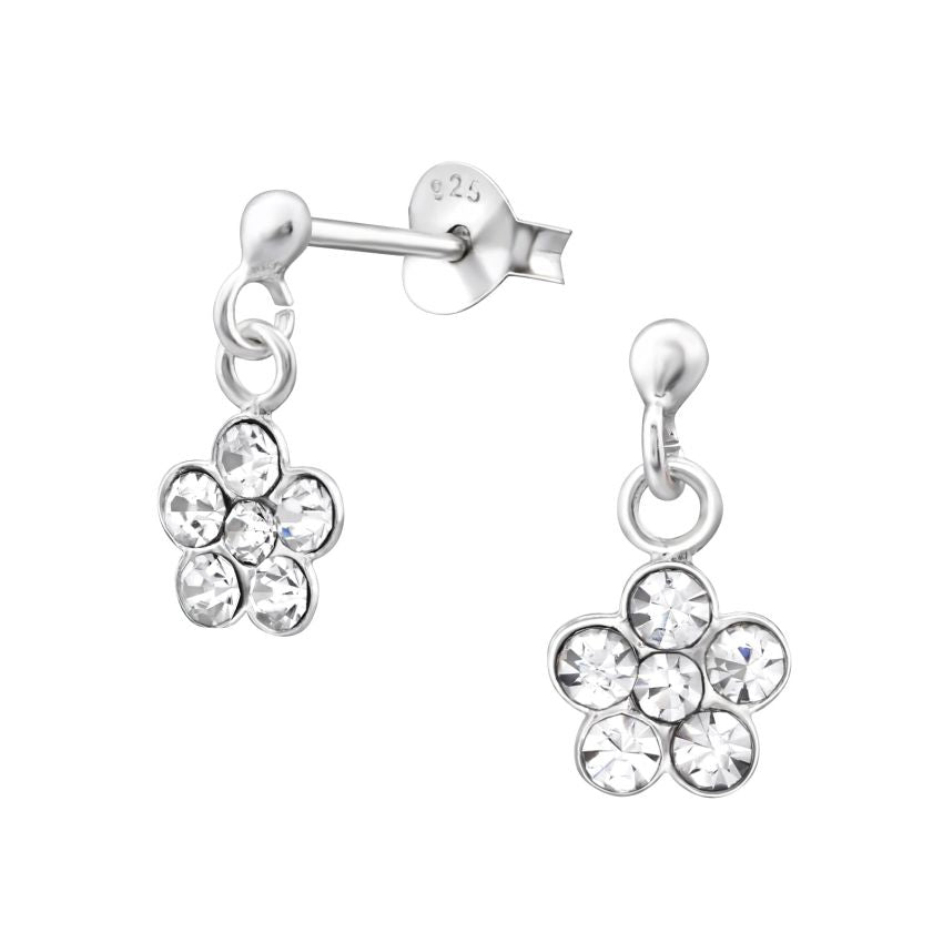 Dangly CZ Flower Sterling Silver Earrings