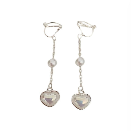 Dangly Heart Pearl Clip On Earrings