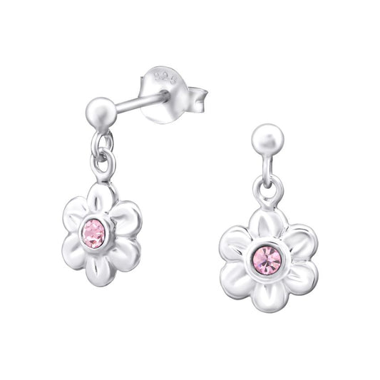 Dangly Pink Flower Sterling Silver Earrings