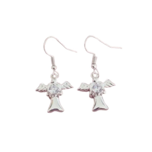 Dangly Cubic Zirconia Centre Sterling Silver Angel Earrings