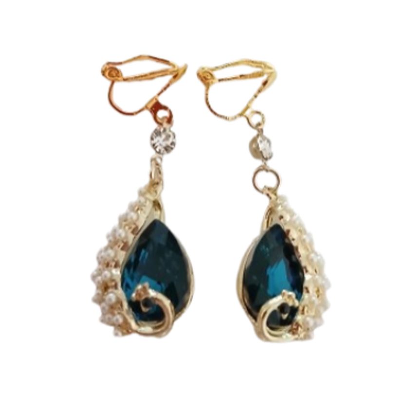 Dark Teal And Pearl Clip On Earrings