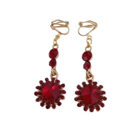 Dark Red 3 Stone Drop Diamante Clip On Earrings