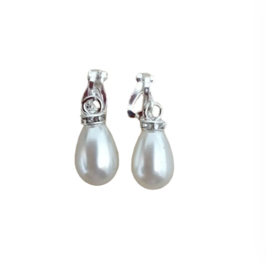Diamante Bullet Drop Pearl Clip On Earrings