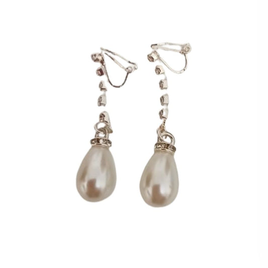 Diamante Drop Pearl Clip On Earrings