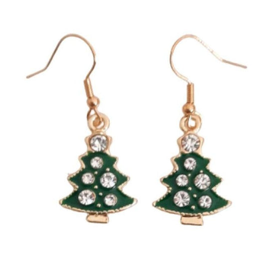 Diamante Green Christmas Tree Hook Earrings