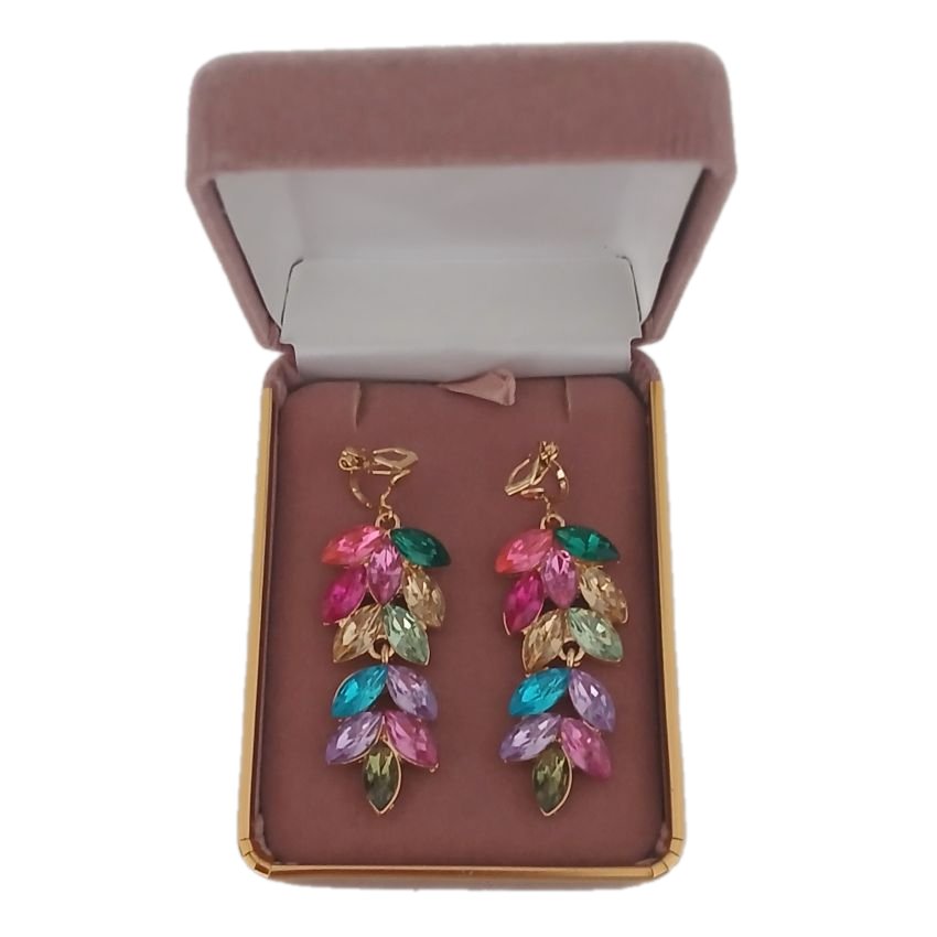 Diamante Leaf Multi Colour Clip On Earrings(2)