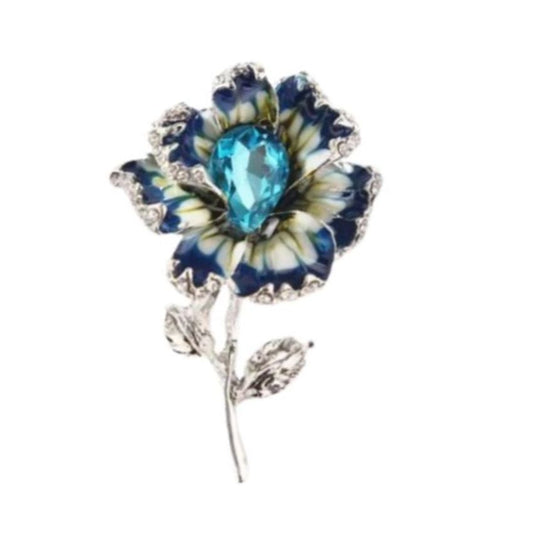 Diamante And Enamel Blue Flower Brooch